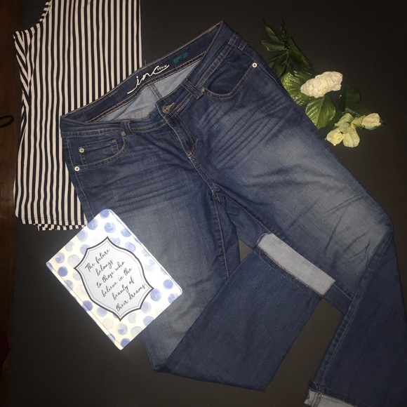 INC Denim, dark wash, light fade, skinny leg jean